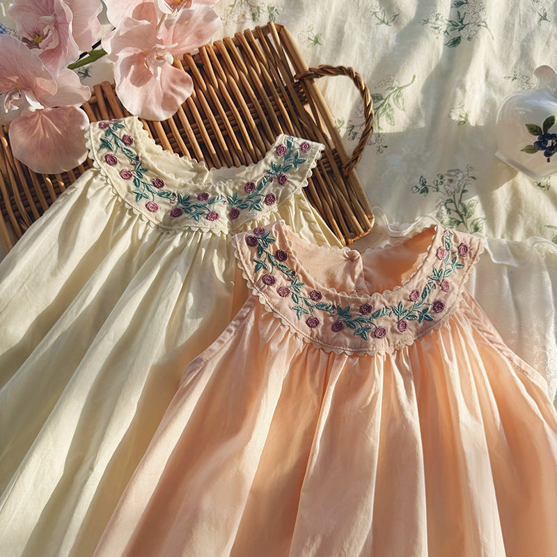 （In Production）Girls Spring&Summer Floral Embroidery Sleeveless Dress