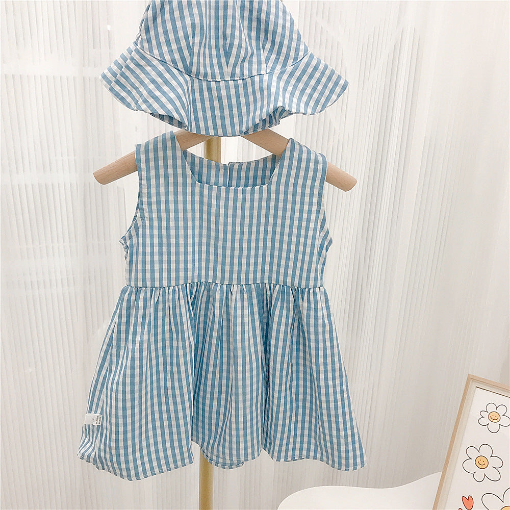 （In Production）Siblings Summer Blue Plaid Shorts Set&Dress with Hat