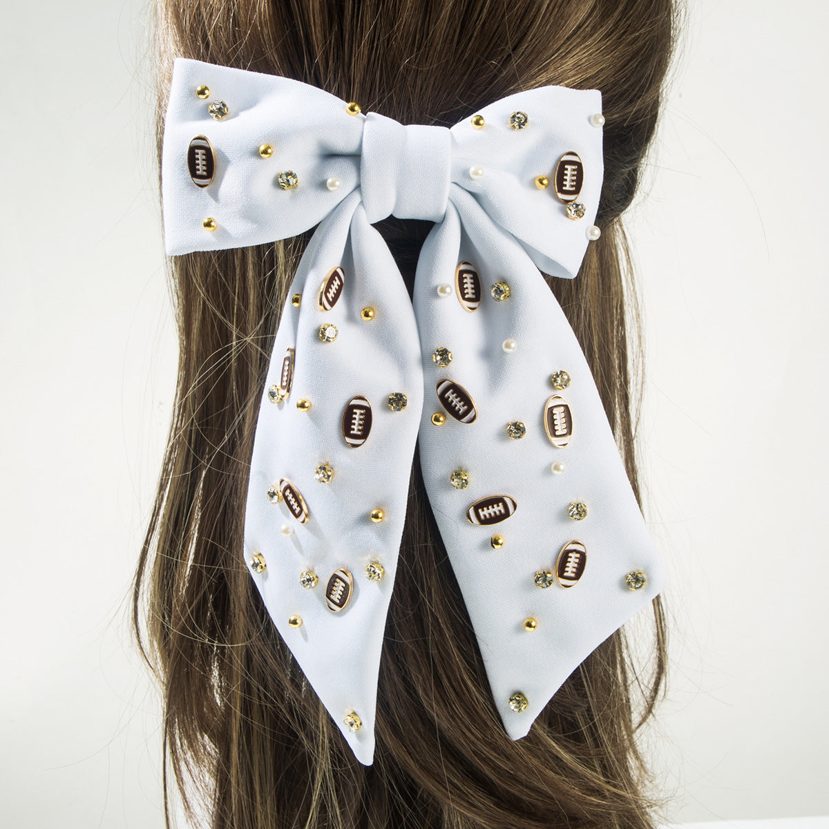 （Pre Order）Football Pearl Rhinestone Hair Bow