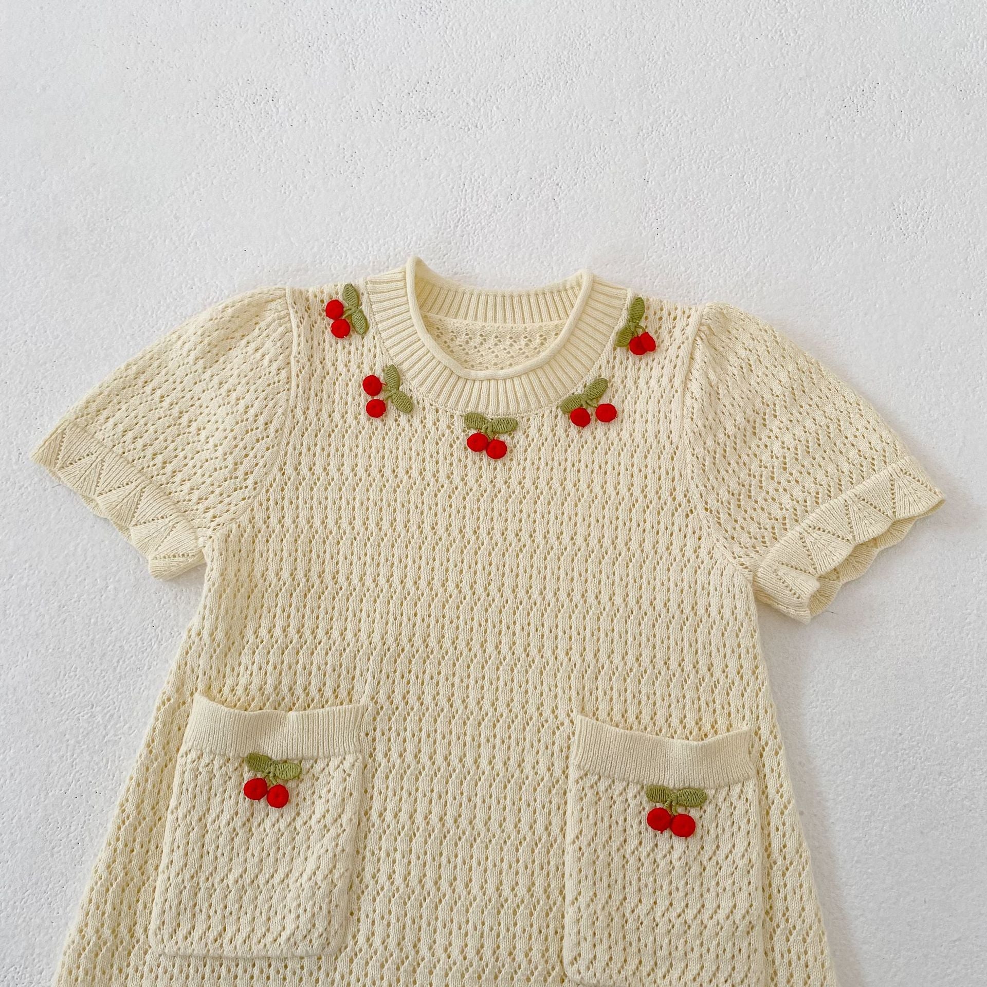（In Production）Girls Spring&Summer Knitted Ruffle Cherry Dress&Shorts Set