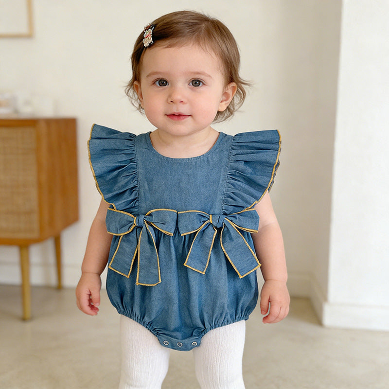 （In Production）Sisters Spring&Summer Bow Denim Ruffle Dress,Romper