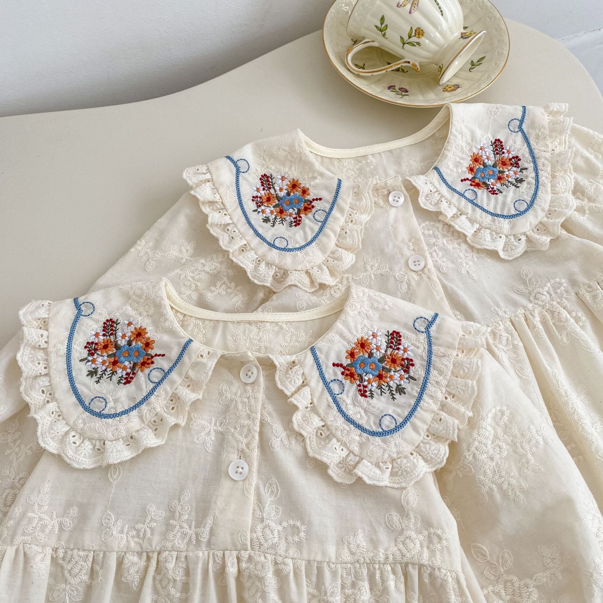 （In Production）Sisters Fall Floral Embroidery Lace Ruffle Dress&Romper