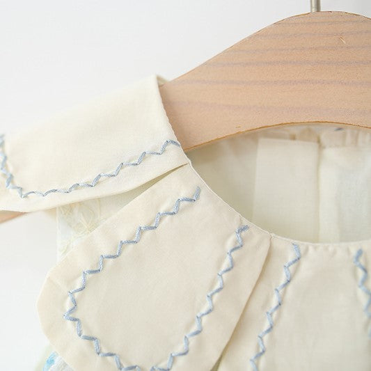 （In Production）Girls Spring&Summer Floral Embroidery Petal Collar Dress