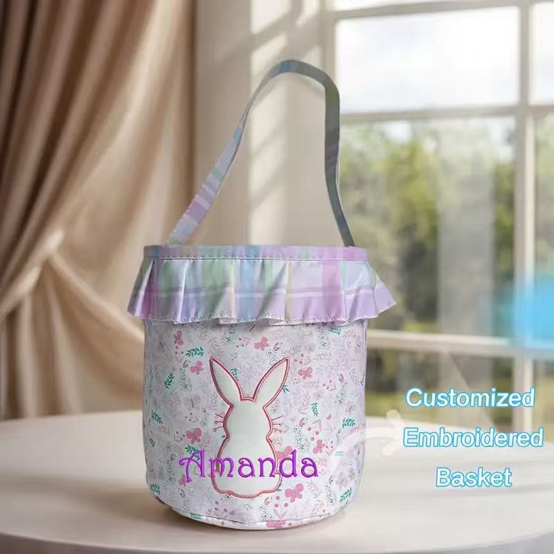 （Pre Order）Personalized Easter Bunny Basket with Name Embroidery - Customizable Fabric Tote for Kids