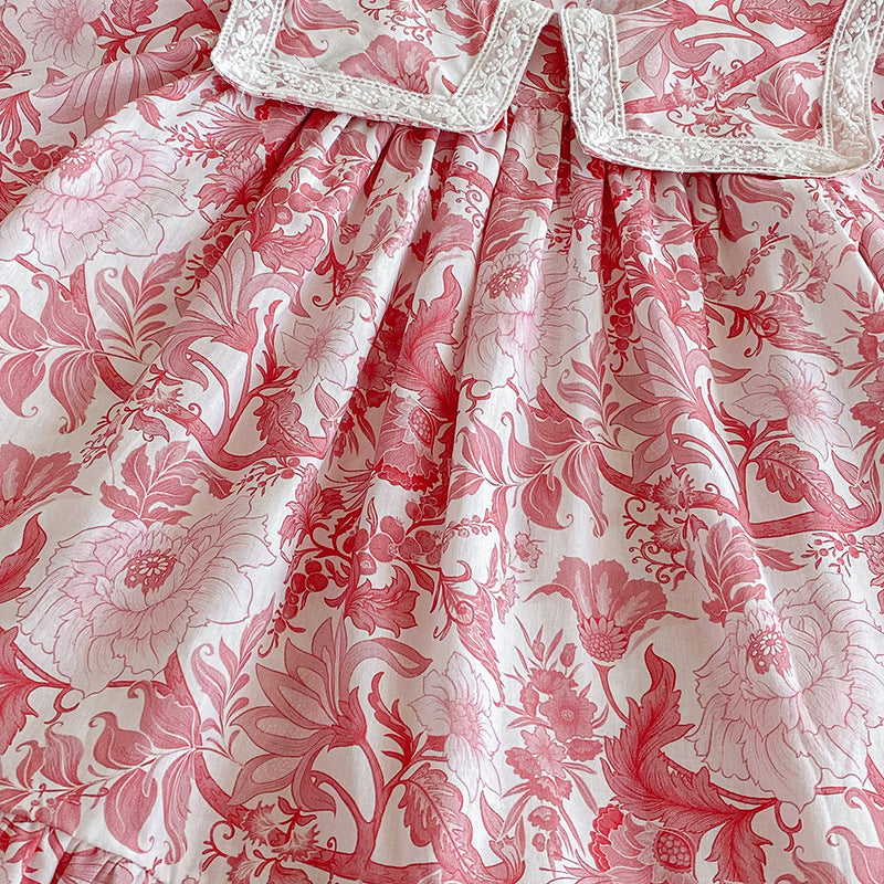 （Pre Order 2 Weeks）Sisters Fall Pink Floral Print Collar Dress&Romper