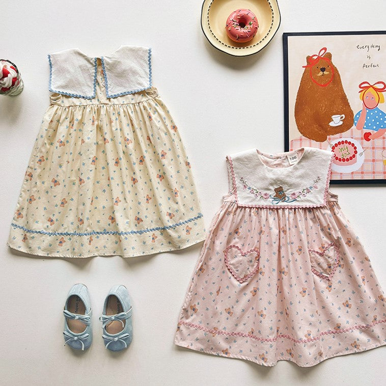 （In Production）Girls Spring&Summer Bear Embroidery Dress