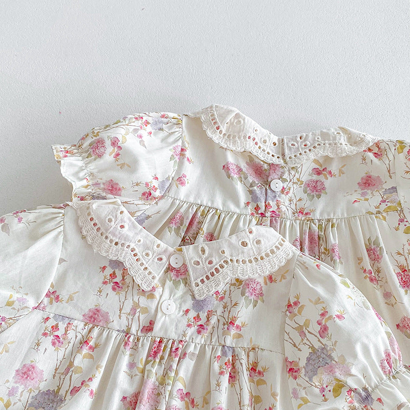 （In Production）Sisters Spring&Summer Floral Print Lace Dress,Romper