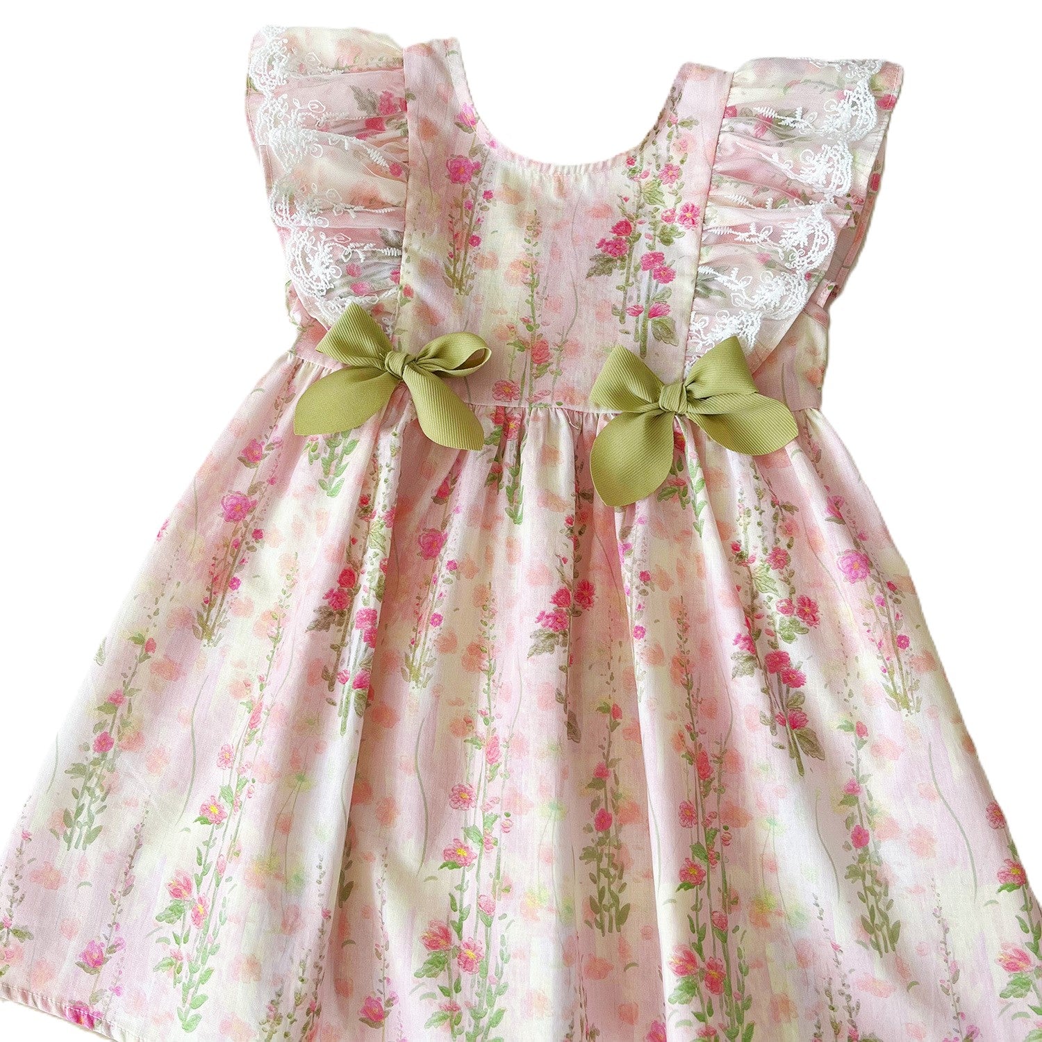 （Pre Order）Girls Spring and Summer Floral Print Green Bow Dress
