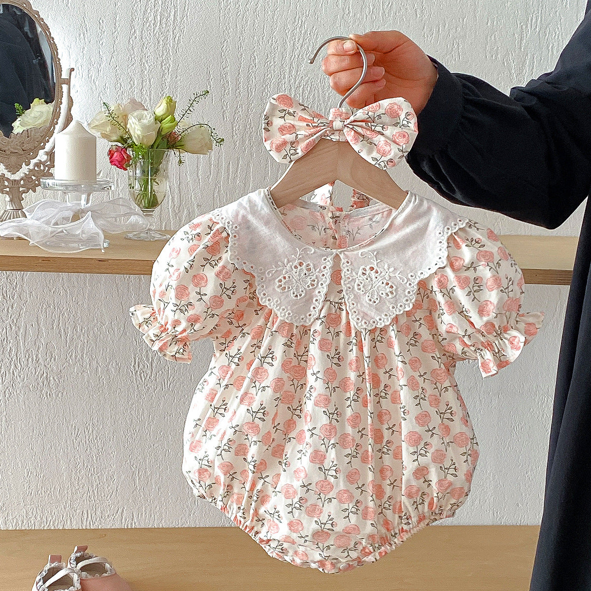 （In Production）Sisters Summer Rose Print Baby Collar Dress&Romper