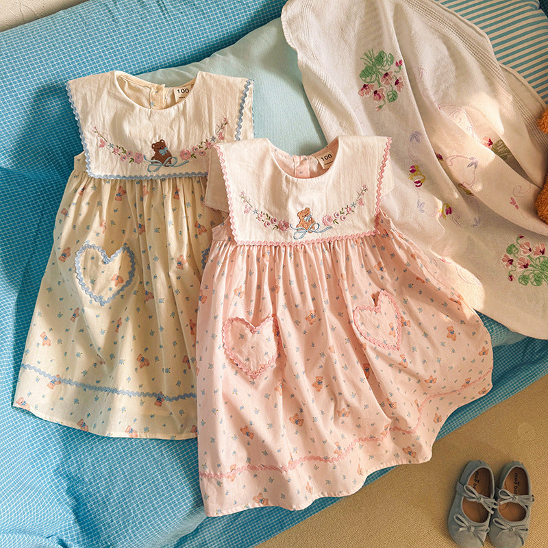 （In Production）Girls Spring&Summer Bear Embroidery Dress
