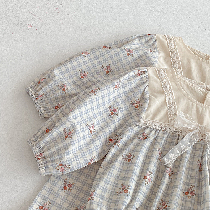 （In Production）Sisters Fall Floral Print Lace Bow Dress&Romper