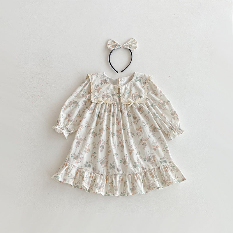 （In Production）Sisters Fall Floral Print Lace Bow Ruffle Dress&Romper