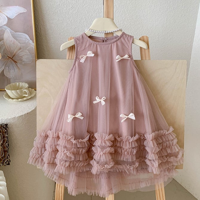 （In Production）Girls Spring&Summer Smoke Pink Bow Mesh Dress
