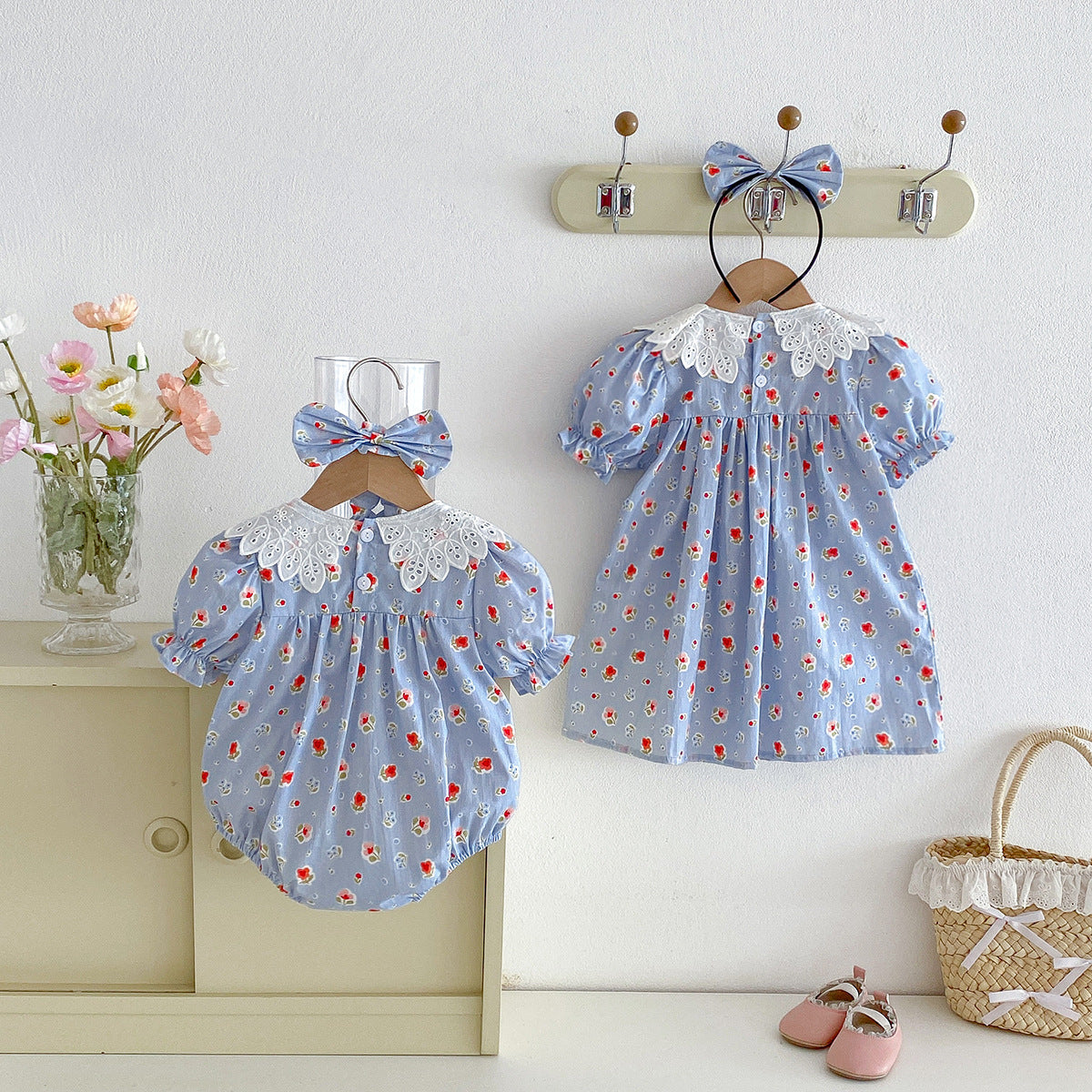（In Production）Sisters Summer Floral Print Baby Collar Dress&Romper