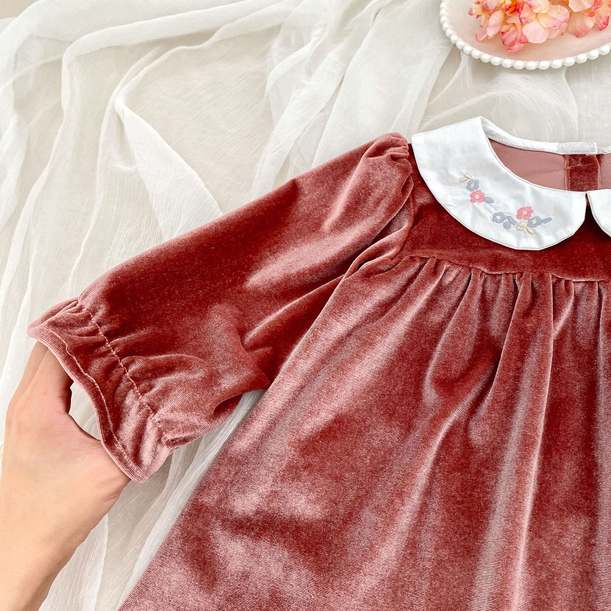 （Pre Order 2 Weeks）Sisters Fall Embroidery Collar Velvet Dress