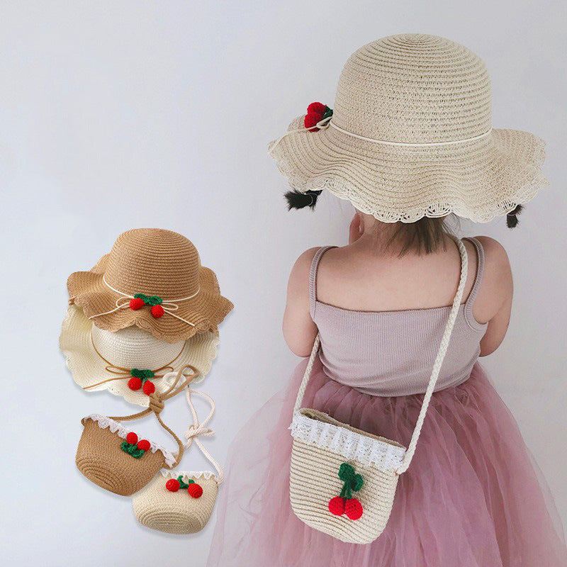 （Pre Order）Girls Spring and Summer Cherry Straw Hat and Straw Bag