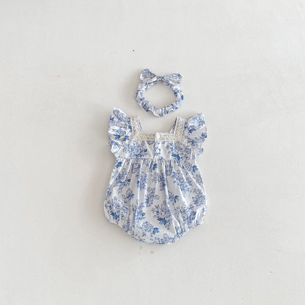 （In Production）Sisters Spring&Summer Blue Floral Print Dress,Romper