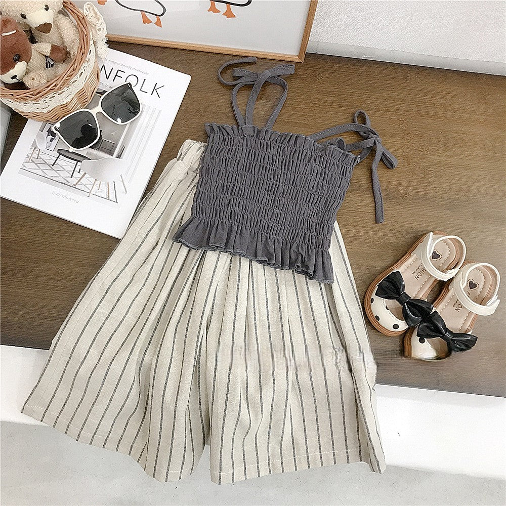 （In Production）Girls Summer Smocked Slip Top Linen Stripe Pants Set