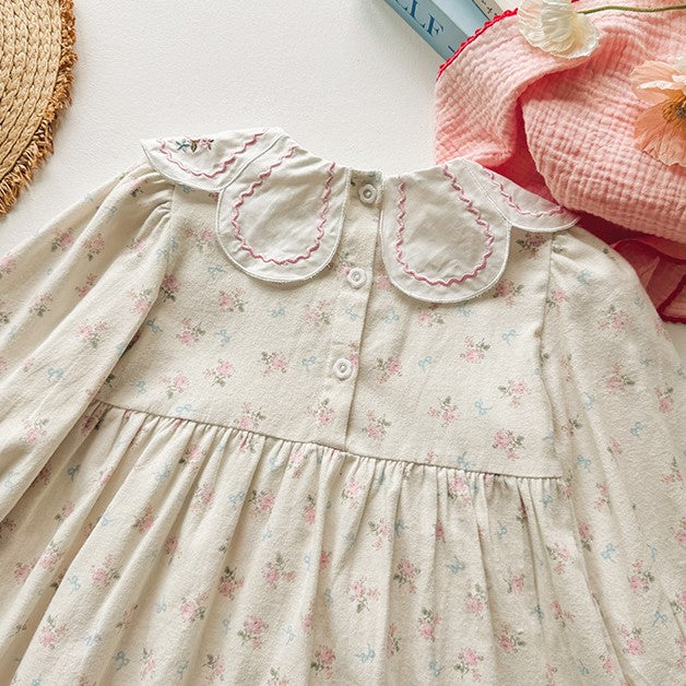 （Pre Order 2 Weeks）Girls Fall Floral Embroidery Petal Collar Dress