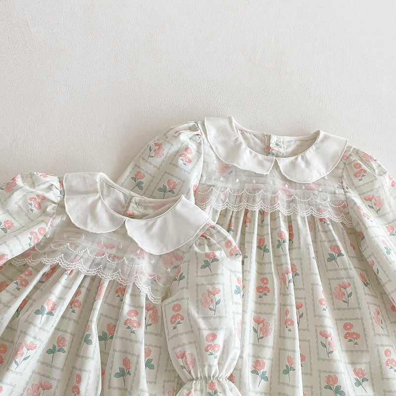 （In Production）Sisters Baby Collar Floral Print Dress&Romper