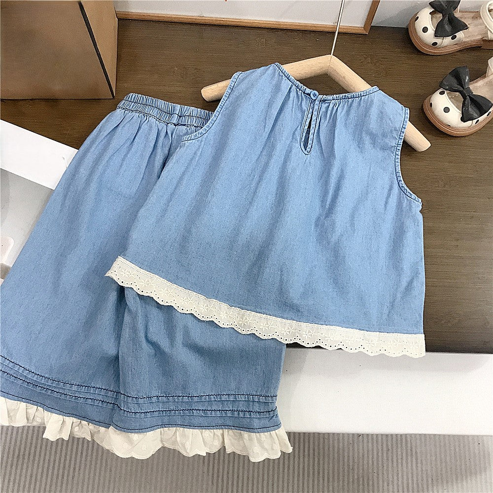 （In Production）Girls Spring&Summer Lace Ruffle Denim Outfit Set