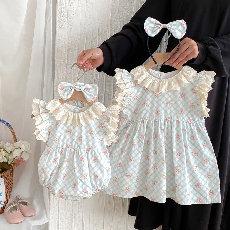 （In Production）Sisters Spring&Summer Floral Print Lace Ruffle Dress,Romper