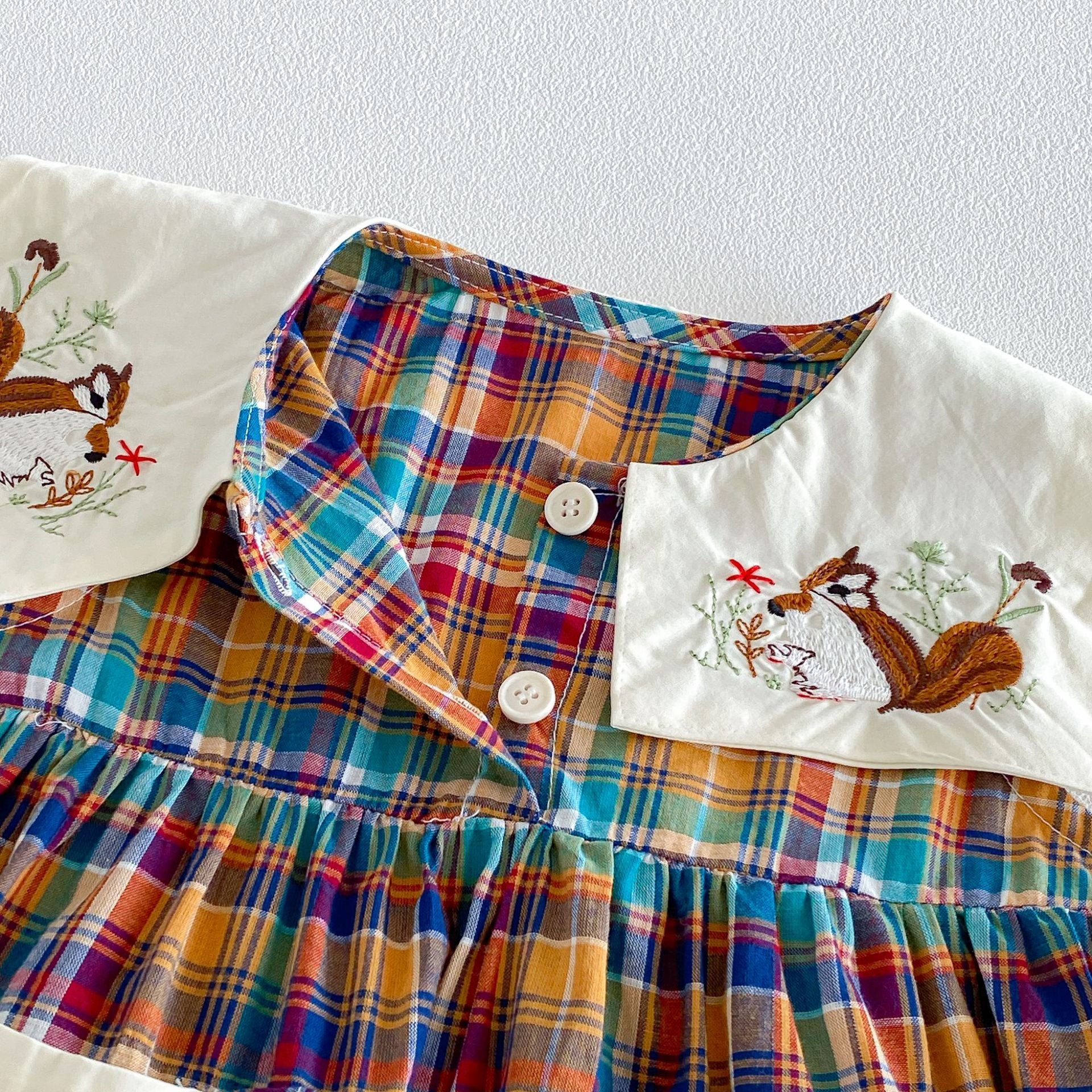 （Pre Order 2 Weeks）Girls Fall Squirrel Embroidery Collar Dress