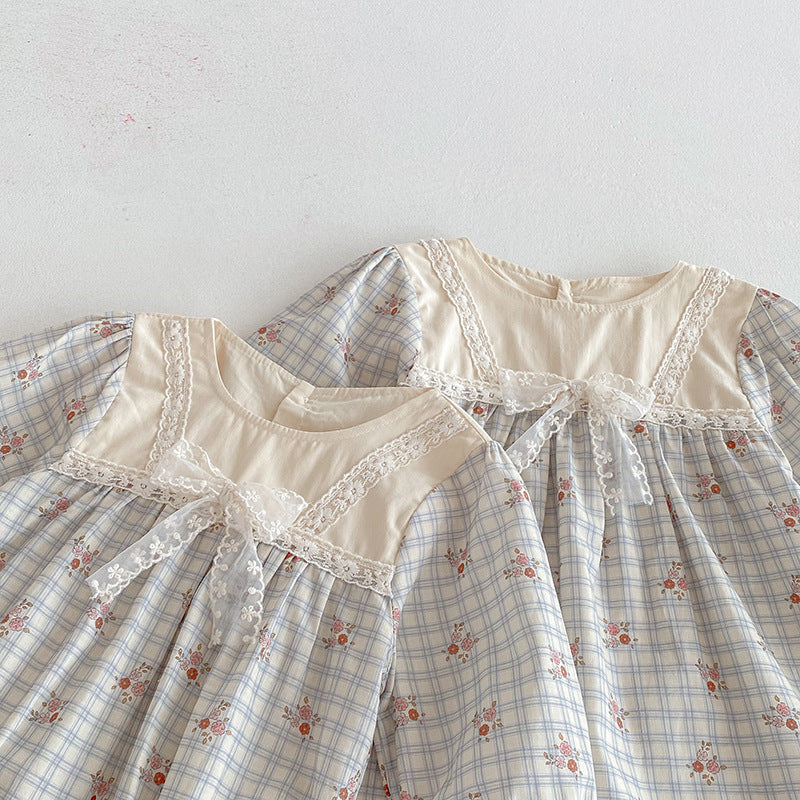 （In Production）Sisters Fall Floral Print Lace Bow Dress&Romper