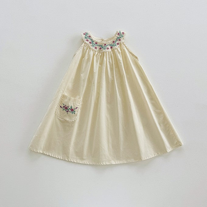 （In Production）Girls Spring&Summer Floral Embroidery Sleeveless Dress