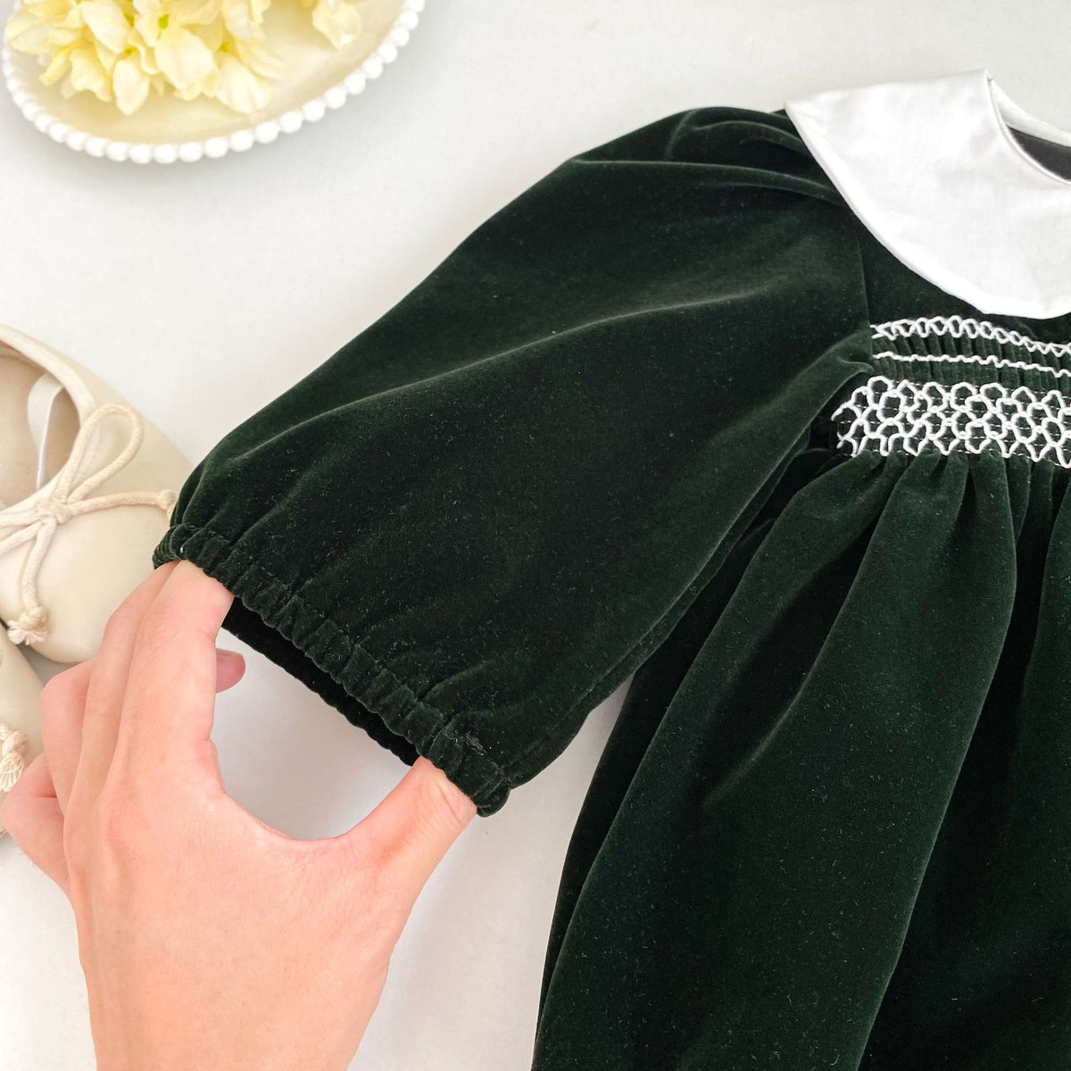 （Pre Order 2 Weeks）Sisters Fall Smocked Green Velvet Dress&Romper