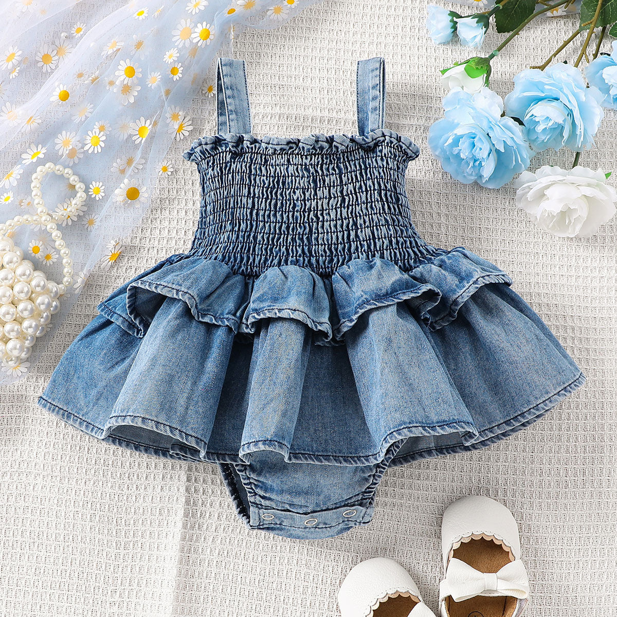 （In Production）Toddler Girls Spring&Summer Denim Smocked Romper