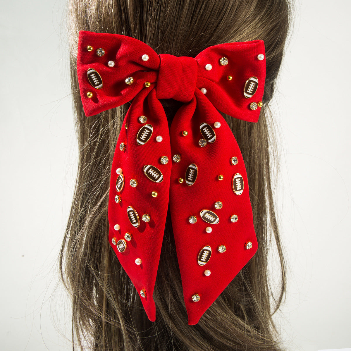 （Pre Order）Football Pearl Rhinestone Hair Bow