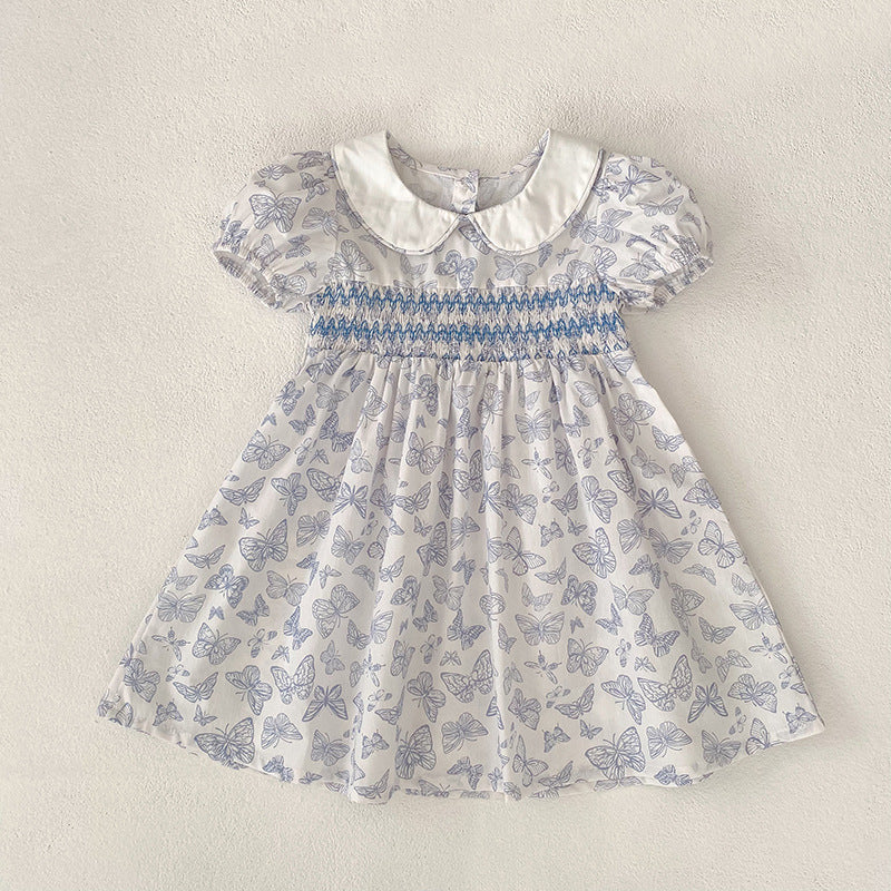 （In Production）Sisters Spring&Summer Blue Butterfly Print Smocked Dress,Romper
