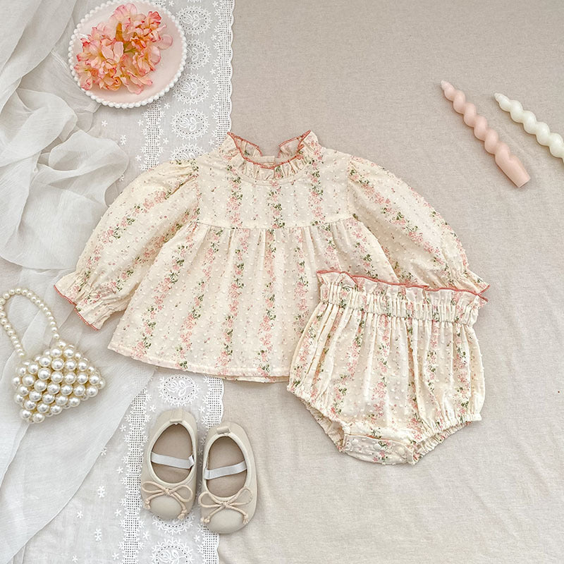 （In Production）Toddler Girls Spring&Summer Floral Print Swiss Dot Bloomer Set