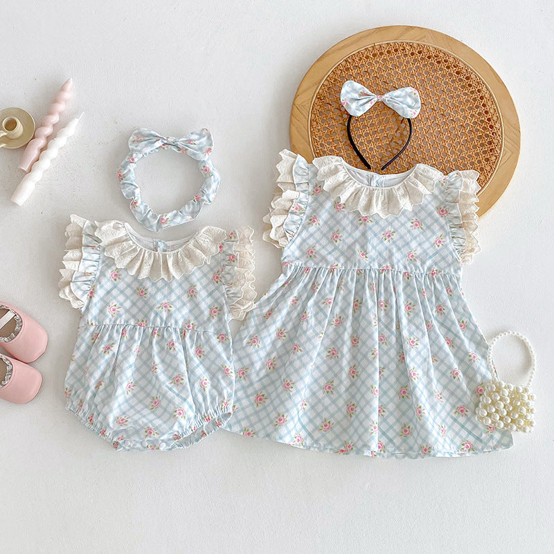 （In Production）Sisters Spring&Summer Floral Print Lace Ruffle Dress,Romper