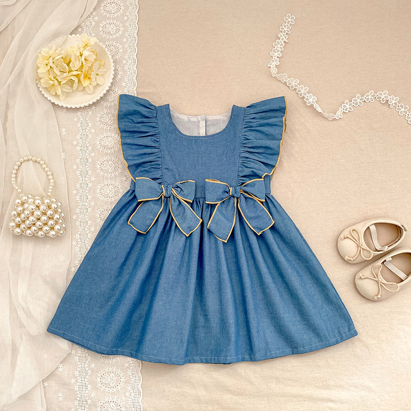 （In Production）Sisters Spring&Summer Bow Denim Ruffle Dress,Romper