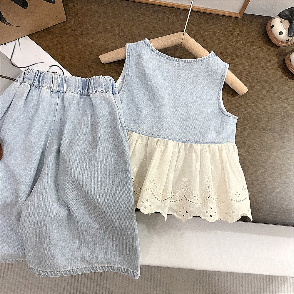 （In Production）Girls Spring&Summer Denim Lace Ruffle Embroidery Outfit Set