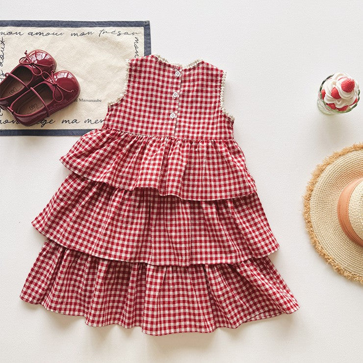 （In Production）Girls Spring&Summer Strawberry Embroidery Tiered Dress