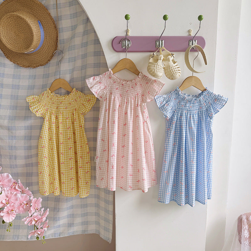 （In Production）Girls Spring&Summer Bow Print Smocked Dress