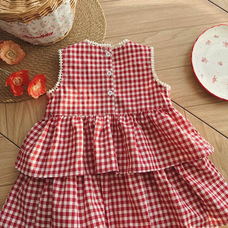 （In Production）Girls Spring&Summer Strawberry Embroidery Tiered Dress