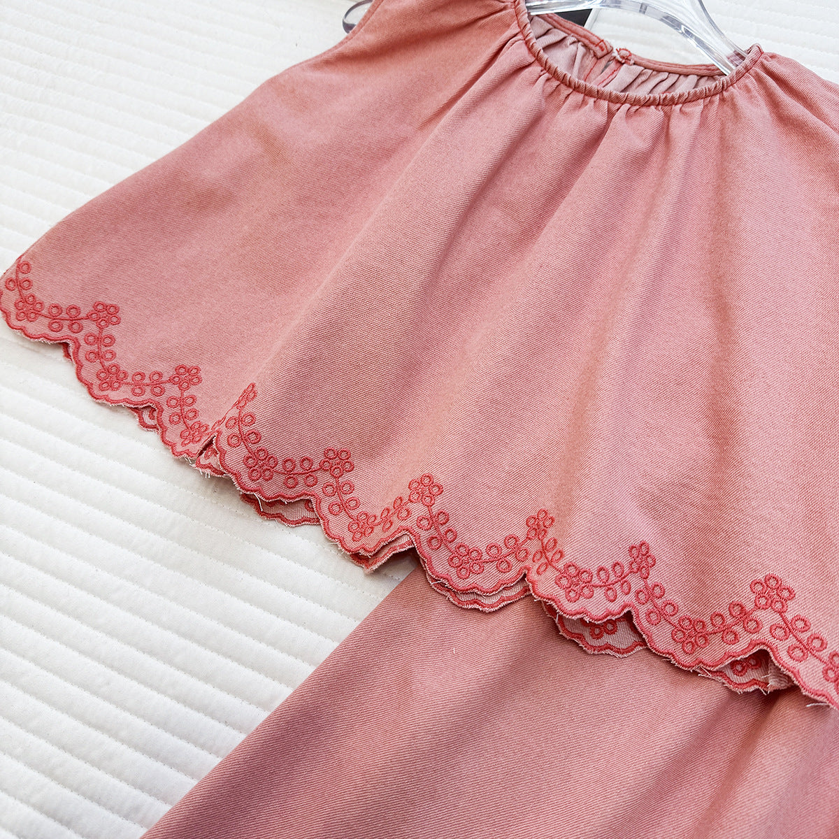 （In Production）Girls Summer Embroidery Scallop Denim Outfit Set