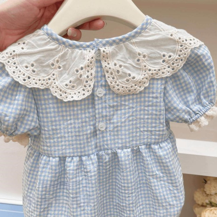 （In Production）Toddler Girls Spring&Summer Cotton Blue Plaid Romper