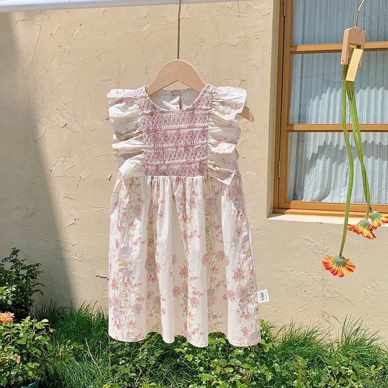 （In Production）Girls Spring&Summer Floral Print Smocked Ruffle Dress