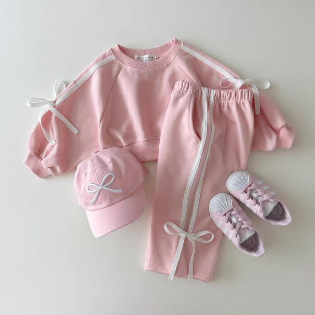 （In Production）Girls Fall&Winter Solid Color Bow Sports Suit