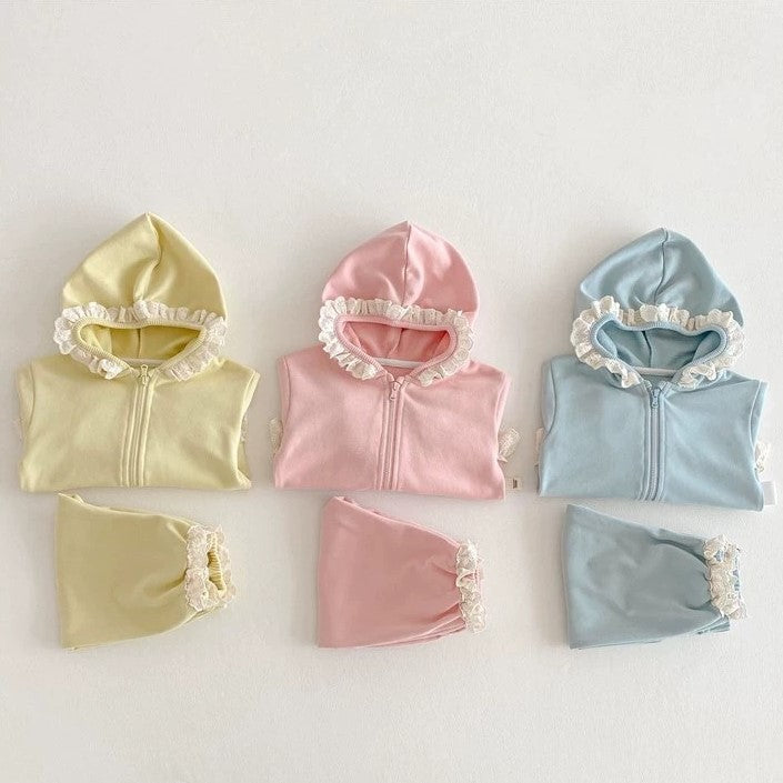 （Pre Order 2 Weeks）Girls Fall Solid Color Ruffle Sweatshirt Set
