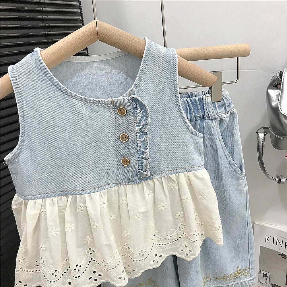 （In Production）Girls Spring&Summer Denim Lace Ruffle Embroidery Outfit Set