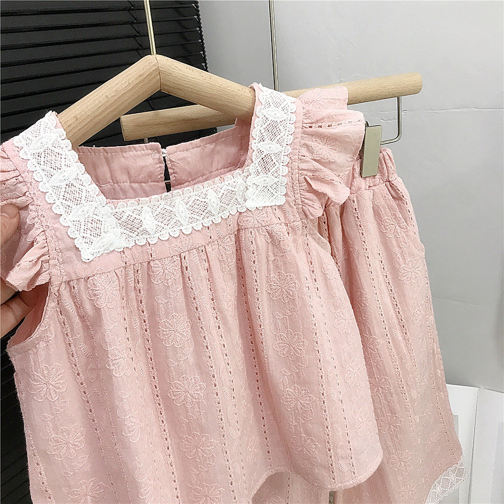 （In Production）Girls Summer Baby Pink Lace Outfit Set