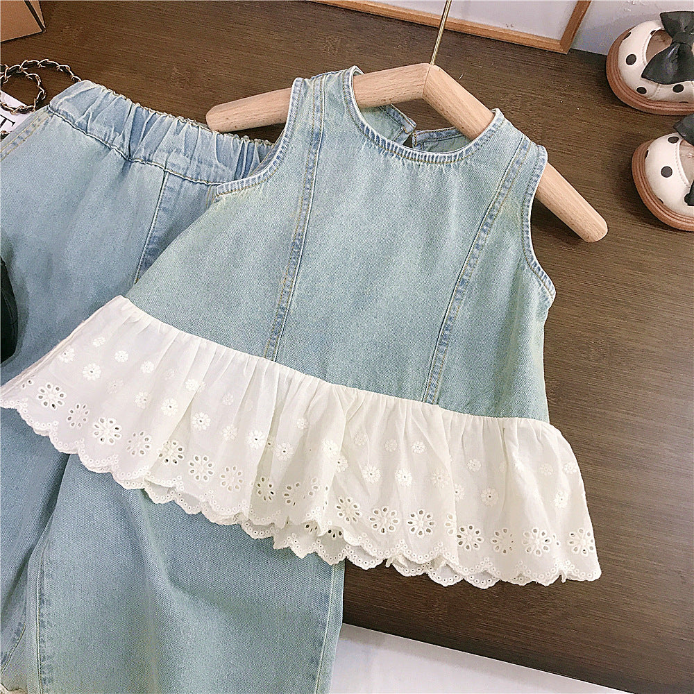 （In Production）Girls Spring&Summer Denim Lace Ruffle Outfit Set