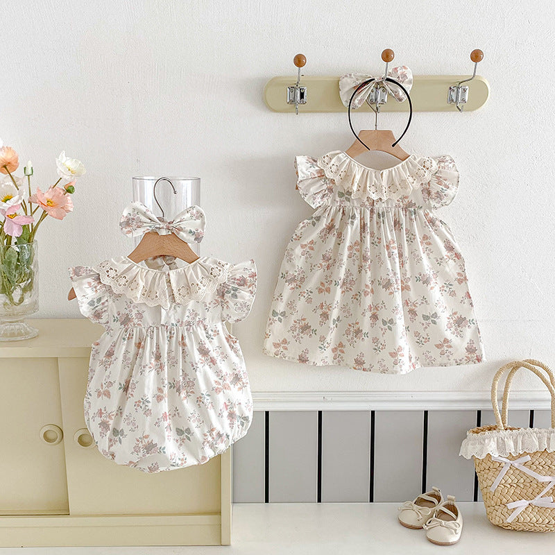 （In Production）Sisters Spring&Summer Floral Print Lace Dress,Romper