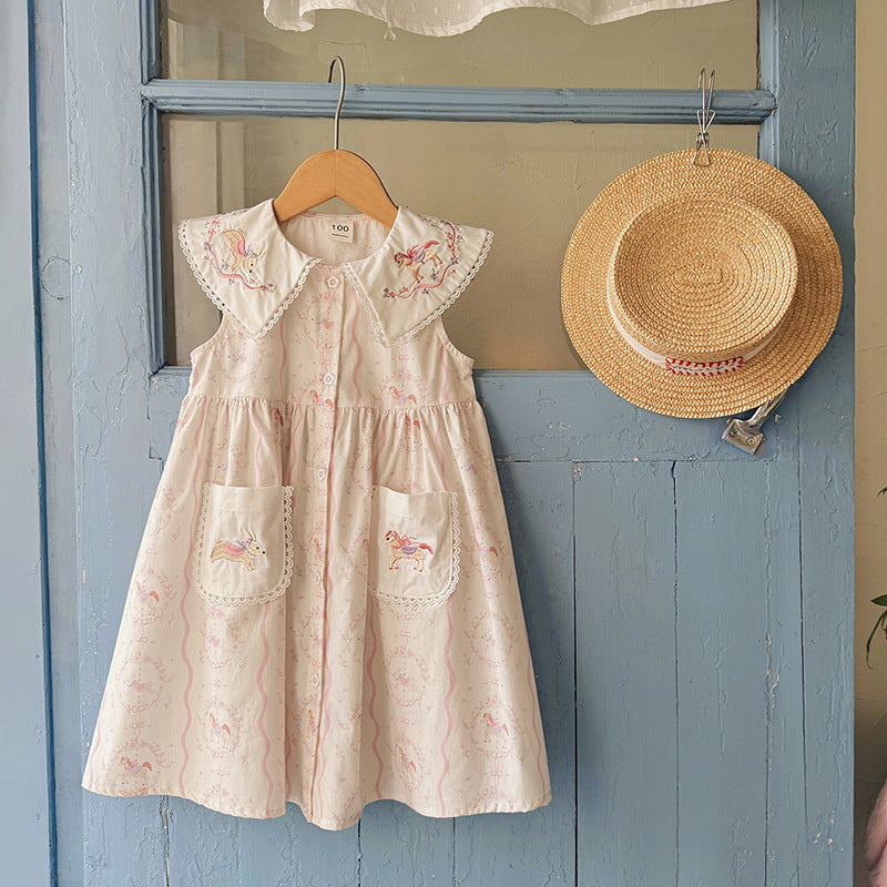 （In Production）Girls Spring&Summer Horse Embroidery Dress with Pockets